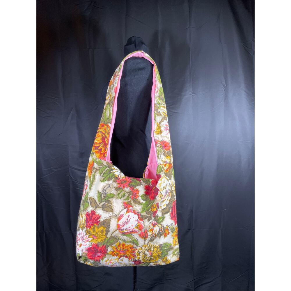 Large Hobo Bag, handmade with vintage canvas floral fabric from the 60"s, lined